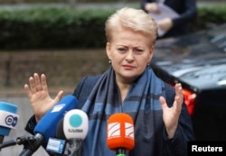FILE - Lithuania's President Dalia Grybauskaite talks to the media in Brussels June 27, 2014.