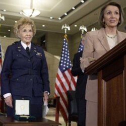 Deanie Parrish listens to comments by House Speaker Nancy Pelosi during a Congressional Gold Medal presentation ceremony in Washington earlier this year