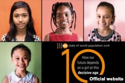 Girls are seen on this screen shot of the title page of the U.N. State of World Population 2016 report. (Source: UNFPA)