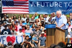 Democratic presidential candidate Sen. Bernie Sanders, I-Vt., speaks at a rally on Sunday, May 22, 2016.