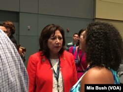 Former Labor Secretary Hilda Solis spoke to the Hispanic Caucus during the Demcratic National Convention, in Philadelphia, July 27, 2016.