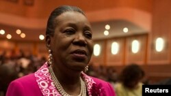Catherine Samba-Panza reacts after she was elected as Central African Republic's interim president in Bangui, Jan. 20, 2014.