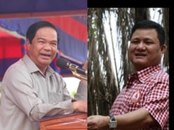 រូបឯកសារ៖ លោកនាយឧត្តម​សេនីយ៍ គន់ គីម (ឆ្វេង) ទេស​រដ្ឋមន្ដ្រី​ទទួល​បន្ទុក​បេសកកម្ម​ពិសេស និងឧកញ៉ា ទ្រី ភាព (ស្តាំ)។ (អូន ឆេងប៉រ/VOA និង Courtesy photo: Globalwitness.org)