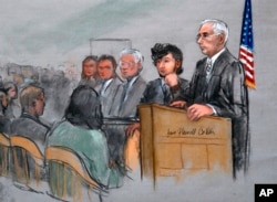 In a courtroom sketch, Boston Marathon bombing suspect Dzhokhar Tsarnaev, second from right, appears with lawyers, left, and U.S. District Judge George O'Toole Jr., right, as O'Toole addresses potential jurors.