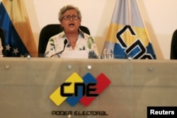 Venezuela's National Electoral Council President Tibisay Lucena speaks during a news conference in Caracas, Venezuela, Aug. 2, 2017.