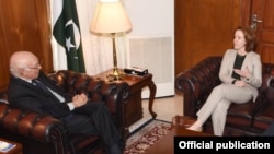 FILE - Adviser to Pakistan's Prime Minister on Foreign Affairs Sartaj Aziz meets with the Acting U.S. Special Representative for Afghanistan and Pakistan, Laurel Miller, in Islamabad, Dec. 5, 2016.