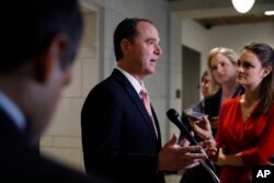 Rep. Adam Schiff, D-Calif., ranking member on the House intelligence committee, speaks to reporters after the committee interviewed former White House strategist Steve Bannon, Feb. 15, 2018, on Capitol Hill in Washington.