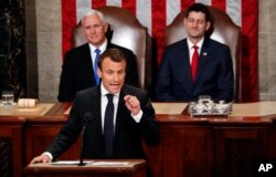 French President Emmanuel Macron speaks to a joint meeting of Congress on Capitol Hill in Washington, April 25, 2018.