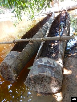 This 2017 photo released by the National Indian Foundation (FUNAI) shows canoes on the bank of a river in Vale do Javari, Amazonas state, Brazil.The pen was placed on one of the boats by FUNAI to show the size. (FUNAI via AP)