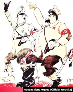 A cartoon about the Molotov-Ribbentrop Pact showing Hitler and Stalin marching together.
