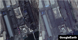 지난달 14일 촬영된 남포 일대 위성사진(왼쪽)과 지난해 5월 위성사진을 비교한 모습. 야적장에 외벽이 들어서고, 더 많은 석탄이 쌓인 사실이 확인된다. (사진출처=CNES/Airbus, Google Earth)