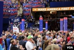 Delegates are on their feet at the Republican National Convention, in Cleveland, July 20, 2016.