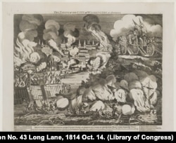 A view from the Potomac River of Washington, D.C. under attack by British forces under Major General Ross, August 24, 1814.