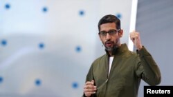 FILE - Google CEO Sundar Pichai speaks on stage during the annual Google I/O developers conference in Mountain View, California, May 8, 2018.