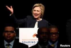 FILE - U.S. Democratic presidential candidate Hillary Clinton speaks at the Eagle Academy Foundation’s annual fundraising breakfast in New York City, April 29, 2016.