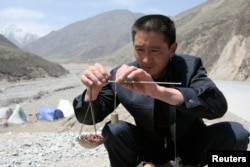 一位当地买家在称量一把冬虫夏草。中国青海省西部，贵德县拉鸡山。