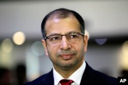 FILE - Iraq's Parliament Speaker Salim al-Jubouri speaks during a press conference in Baghdad, July 26, 2014.