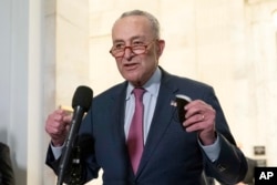 FILE - Senate Majority Leader Chuck Schumer, D-NY, speaks to the media, on Capitol Hill in Washington, Jan. 13, 2022.