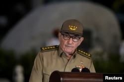 FILE - Cuban First Secretary of the Communist Party Raul Castro gives a speech, Jan. 1, 2019, during the celebration of 60th Anniversary of Cuban Revolution at Santa Ifigenia Cemetery in Santiago de Cuba.