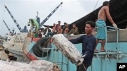 រូបឯកសារ៖ កម្មករ​ទម្លាក់​ត្រី​ចេញ​ពី​ទូកនេសាទ​ថៃ​ នៅ​ក្រុង Ambon ប្រទេស​ឥណ្ឌូនេស៊ី។