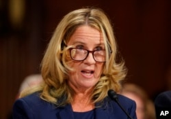 FILE - Christine Blasey Ford testifies before the Senate Judiciary Committee on Capitol Hill in Washington, Sept. 27, 2018.