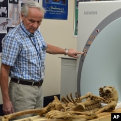 Bruno Frohlich scans mummies in his lab at the Smithsonian Institution National Museum of Natural History in Washington.