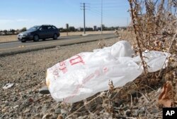 FILE - A plastic shopping bag lies along a road in Sacramento, Calif.