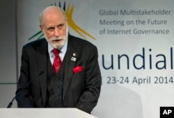 FILE - U.S. computer scientist Vint Cerf addresses a conference on the future of Internet governance in Sao Paulo, Brazil, April 23, 2014. Cerf recently addressed Cuban communications officials at a science and technology symposium.