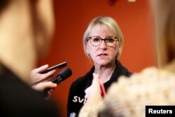 Sweden's Foreign Minister Margot Wallstrom comments on a meeting with North Korean Foreign Minister Ri Yong Ho, in the Swedish house of parliament in Stockholm, March 16, 2018.