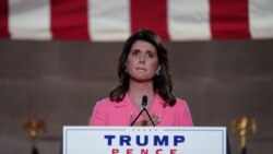 Former U.S. Ambassador to the United Nations Nikki Haley puts her hand over her heart as she speaks to the largely virtual 2020 Republican National Convention in a live address from Washington, U.S., August 24, 2020. REUTERS/Kevin Lamarque