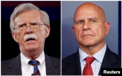 Mantan Duta Besar AS untuk PBB John Bolton (kiri) di Oxon Hill, Maryland, 24 Februari 2017, dan Penasihat Keamanan Nasional Gedung Putih, H.R. McMaster di Washington, 31 Juli 2017. (Foto: dok).
