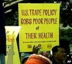 Protesters claim strong intellectual property safeguards backed by U.S. trade officials deprive patients in needy countries of affordable drugs to treat life-threatening illness