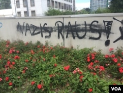 Anti-immigrant protests in Dresden, Germany have also inspired counter-protests and graffiti like this that says 'Nazis Out!", July 7, 2016. (H. Murdock/VOA)
