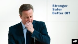 Britain's Prime Minister David Cameron gives a speech agruing that Britain is safer in the EU.