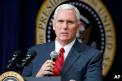 Vice President Mike Pence speaks during a town hall with business leaders in the South Court Auditorium on the White House complex in Washington, April 4, 2017.