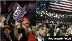 Chapda Tramp tarafdorlari; o'ngda esa Klintonni qo'llab-quvvatlayotganlar