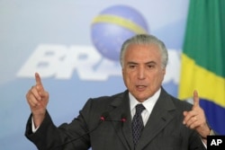 President Michel Temer speaks during a ceremony at the Planalto Presidential Palace, in Brasilia, Dec. 13, 2016.