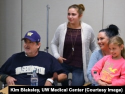 Ted Daniels, heart transplant receipient with his family, October 2015. UW Medical Center, Seattle, Wa