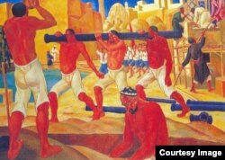 Nikolay Karaxan 1932-yilda chizgan bu asar "Yo'l qurilishi" deb ataladi (Savitskiy kolleksiyasidan)