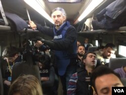 On a bus tour with Turkish officials in northern Syria on Feb. 1, 2018, some journalists get a taste of the mood on one side of the battle for Afrin. (H.Murdock/VOA)