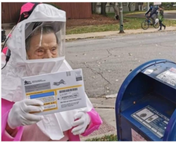 一名102岁的老人穿着防护服亲自寄送自己的选票