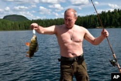 FILE - In this photo released by Kremlin press service on Aug. 5, 2017, Russian President Vladimir Putin holds a fish he caught while fishing during a mini-break in the Siberian Tyva region.
