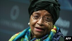 FILE - Liberian President Ellen Johnson Sirleaf is seen delivering a speech at the 2016 Concordia Summit at Grand Hyatt New York, in New York City, Sept. 20, 2016. Johnson Sirleaf will lead a mission to mediate in Gambia's post-election crisis.