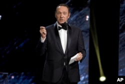 FILE - Kevin Spacey is seen speaking at an awards ceremony at the Beverly Hilton Hotel in Beverly Hills, Calif., Oct. 27, 2017.