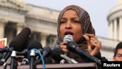 FILE - U.S. Rep. Ilhan Omar (D-Minn.) speaks at a news conference at the U.S. Capitol in Washington, Feb. 7, 2019.