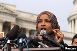 FILE - U.S. Representative Ilhan Omar (D-MN) speaks at a news conference at the U.S. Capitol in Washington, Feb. 7, 2019.