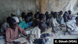 Almajirai in Maiduguri read scriptures from the Quran on wooden slates.