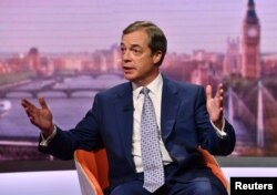 FILE - Brexit Party leader Nigel Farage appears on BBC TV's The Andrew Marr Show in London, Britain, May 12, 2019.