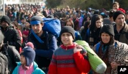 FILE - Migrants are seen walking towards Austria in Sentilj, Slovenia, Oct. 30, 2015.