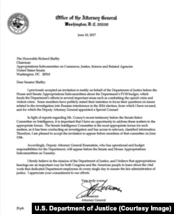U.S. Attorney General Jeff Sessions said in a letter on Saturday that he will appear before the Senate Intelligence Committee on Tuesday to address matters former FBI Director James Comey brought up this week in testimony to the same panel.